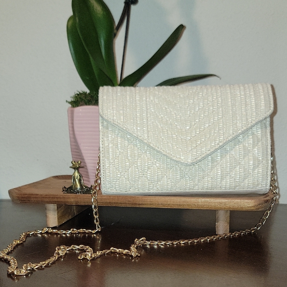 Cream and Gold Quilted Clutch with Chain Strap